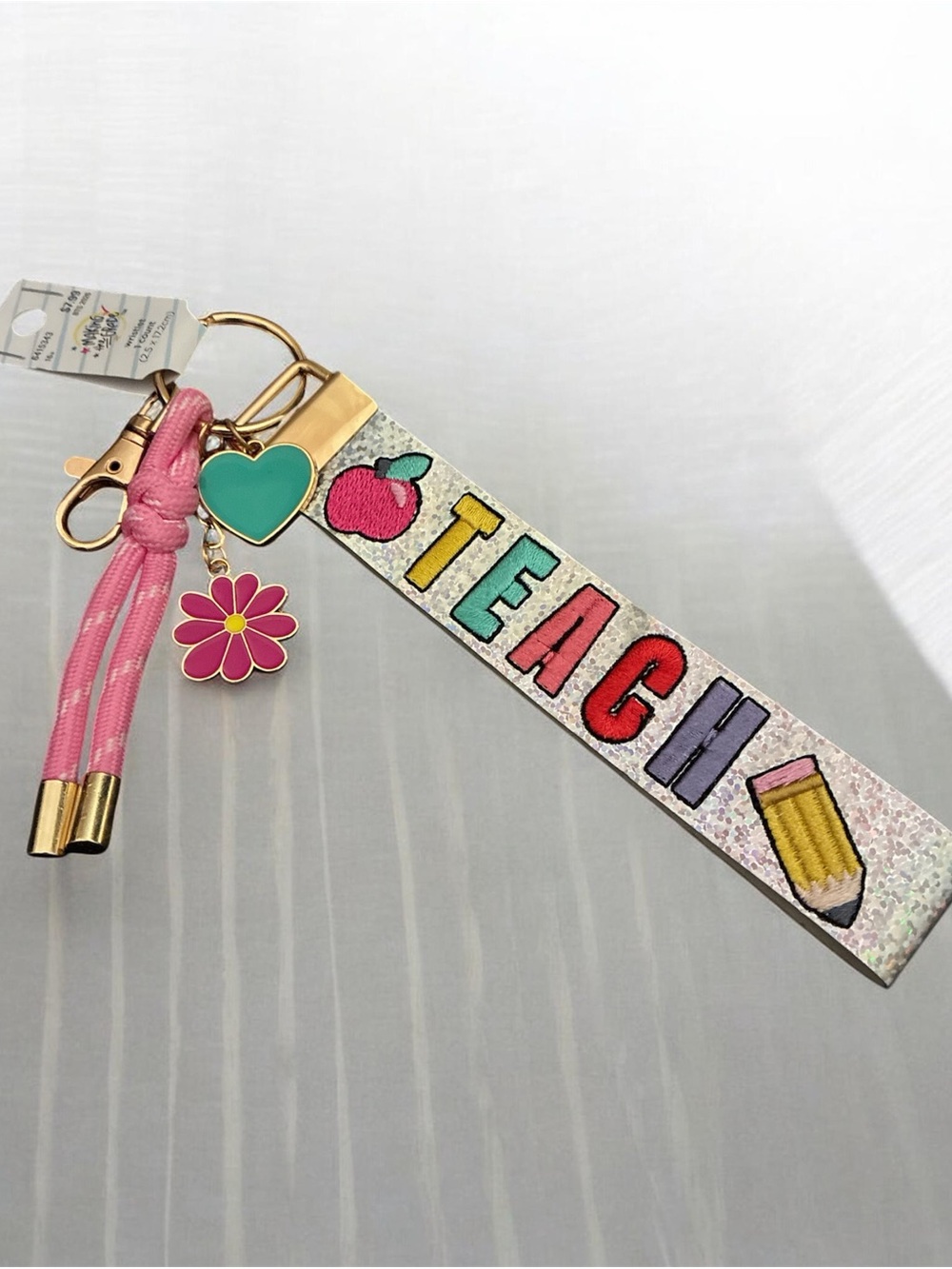 Hobby Lobby Pink Glitter Teacher Wristlet Keychain with Charms